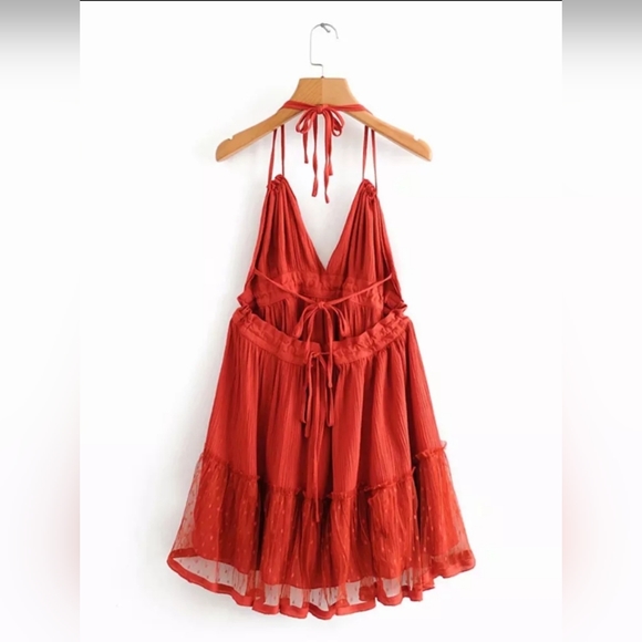 NEW Boho Plunge Strappy Halter Dot Ruffle Mini Dress Rust Orange - Picture 5 of 11